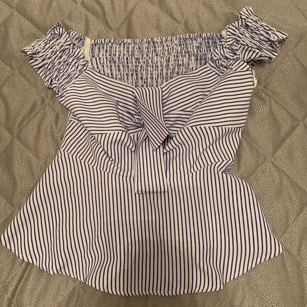 Pin striped off the shoulder top